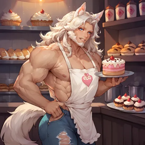 an athletic human (Human) male himbo who looks like jason momoa with medium length white straight hair, white fluffy wolf ears and a white fluffy wolf tail, has glowing blue eyes, is happy, lithe, skinny, prominent muscular tone, sweaty, full beard, veiny,...