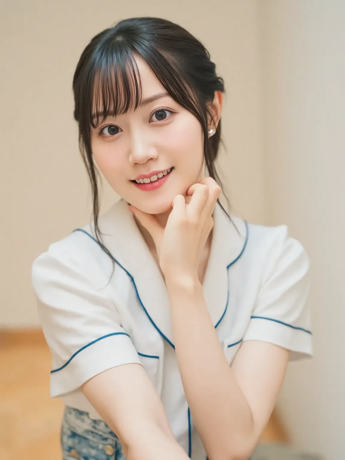 "Portrait of a cute woman with a bob cut, wearing a simple t-shirt and denim skirt. She is smiling charmingly, looking directly at the viewer. The background is soft and neutral, giving a natural, warm feel to the image."

