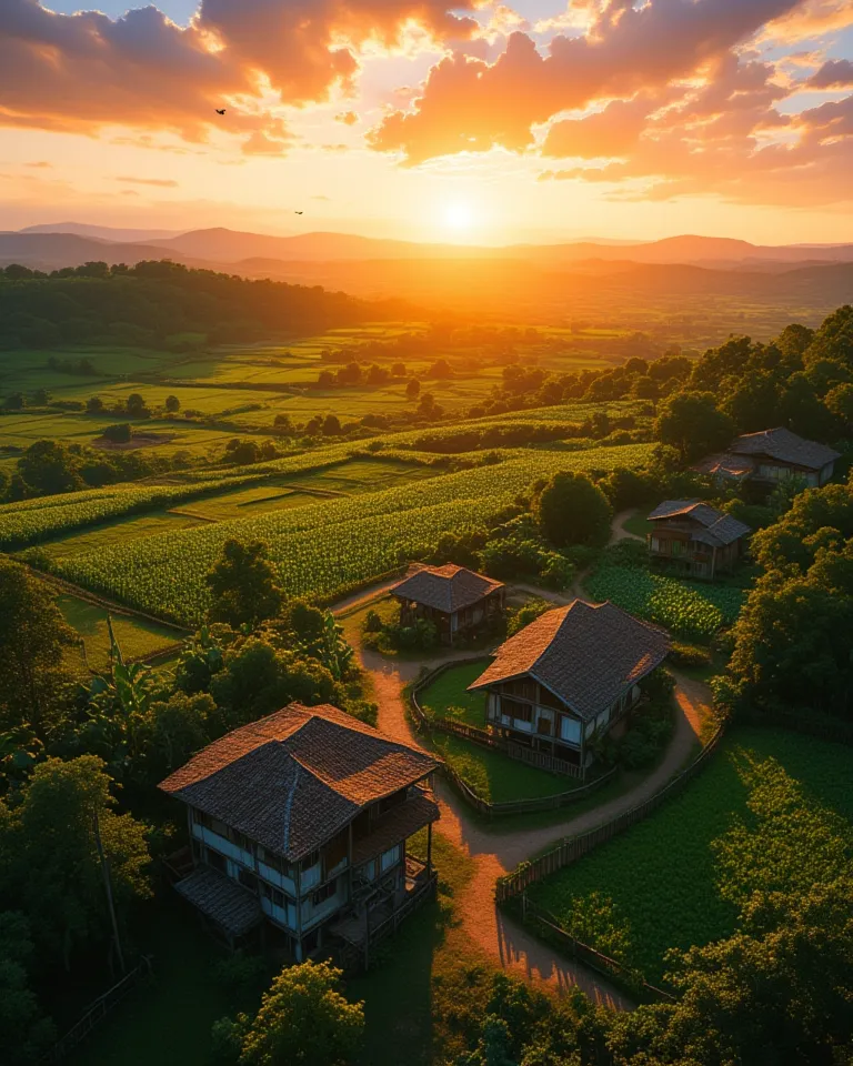 A breathtaking aerial view of a rural landscape at sunset, seen from a drone. The scene shows a patchwork of fields, with small colonial-style houses scattered across the land. The rooftops are covered with traditional tiles, and there are winding dirt roa...