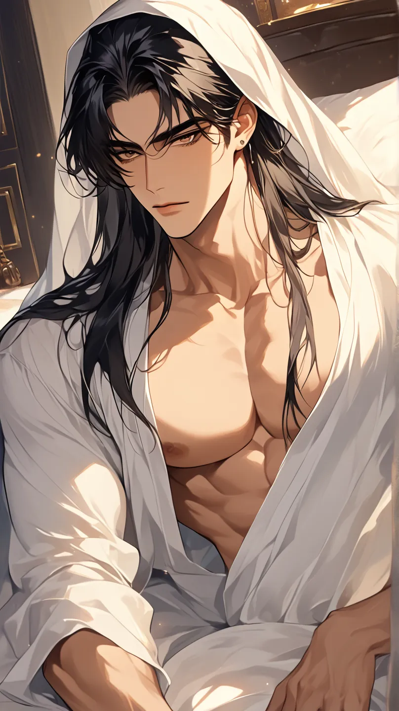 (score_9, score_8_above),  long hair, masterpiece, boobs, 1 man , black hair ,  perfect face ,  bed ,  handsome man , Alone, adult male ,  delicate lines drawing Impostto, masterpiece, High resolution, top quality, Unique , 1 macho , legal , tanned skin , ...