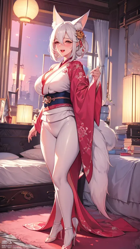 actual, , white hair, big eyes, Smile，open mouth，big breasts，glowing eyes，open lips, blush, daytime，background orc ears，Fox fairy，Kimono decoration，sexy，exposed，charming smile，Half-dressed kimono，white fox ears，White pink fox tail，high thigh slit，，Exquisit...