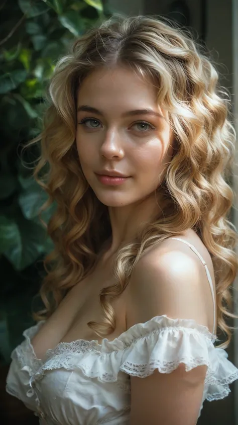 A girl, blonde hair, v-neck, neckline, long hair, messy wavy hair, wearing a blouse, big breasts, realistic, photorealistic, detailed textures