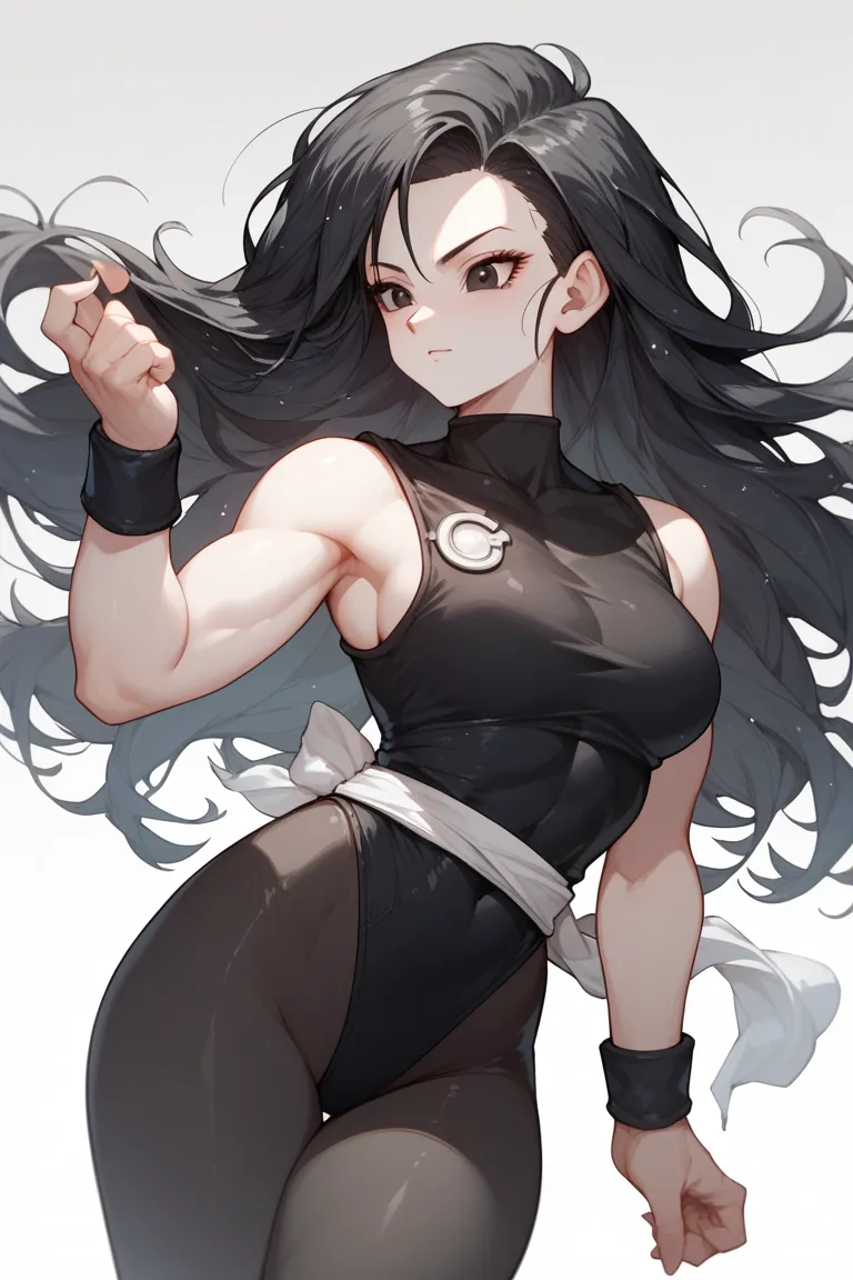 Woman, white skin, black hair, Long hair, bangs, black eyes,, wearing black wristbands, leotard, black pants, Dragon Ball style