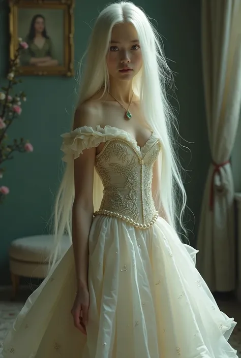 A tall girl (Around 19 years old)  with pale skin , long straight platinum blonde hair and green eyes in a long dress (Masquerade dance style) dress with a rather disguised corset from which pearls hang and this one's skirt is layered (Long ones that are b...