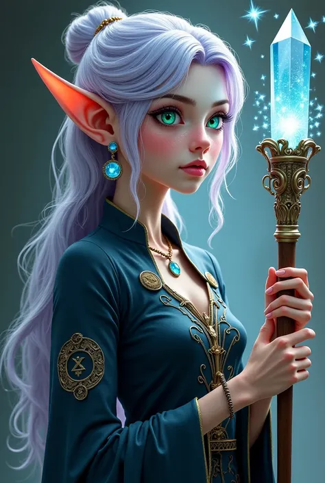 Animate a magic elf with a mystical and elegant presence. Her hair is a silver shade with lavender reflections,  falling in soft waves up to her waist . Her eyes shine with a deep emerald hue, reflecting her connection to ancient magic. Her skin is pale wi...