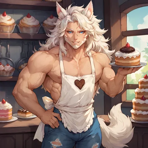 an athletic human (Human) male himbo who looks like jason momoa with medium length white straight hair, white fluffy wolf ears and a white fluffy wolf tail, has glowing blue eyes, is happy, lithe, skinny, prominent muscular tone, sweaty, full beard, veiny,...