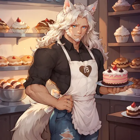 an athletic human (Human) male himbo who looks like jason momoa with medium length white straight hair, white fluffy wolf ears and a white fluffy wolf tail, has glowing blue eyes, is happy, lithe, skinny, prominent muscular tone, sweaty, full beard, veiny,...