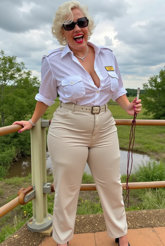 two white curvy screaming safari ladies, with Marilyn Monroe face, in white deep-necked guide shirt, laughing with her mouth open, red lipstick accentuating her smile,belt on waist, huge ass in pantalones, big wide hips, legs and plump buttocks and hips, c...