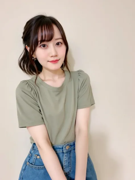 "Portrait of a cute woman with a bob cut, wearing a simple t-shirt and denim skirt. She is smiling charmingly, looking directly at the viewer. The background is soft and neutral, giving a natural, warm feel to the image."

