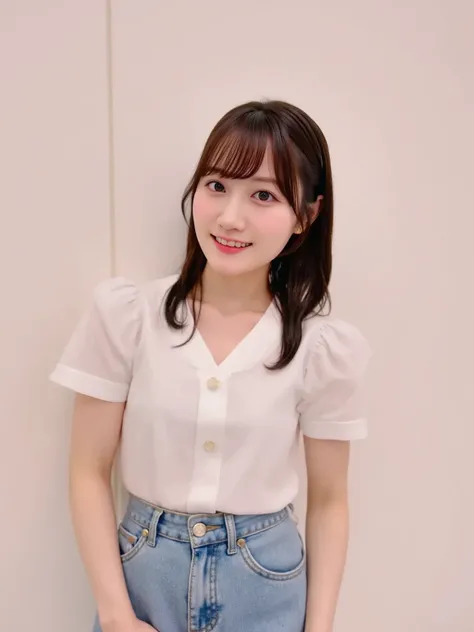 "Portrait of a cute woman with a bob cut, wearing a simple t-shirt and denim skirt. She is smiling charmingly, looking directly at the viewer. The background is soft and neutral, giving a natural, warm feel to the image."

