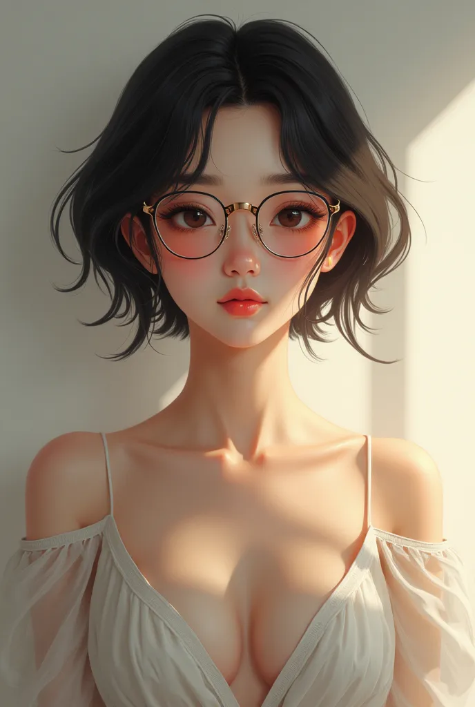  Create an image of a age girl ,  Asian glasses, Beautiful with short hair and wears glasses,She is small in stature but with a good, somewhat voluptuous body