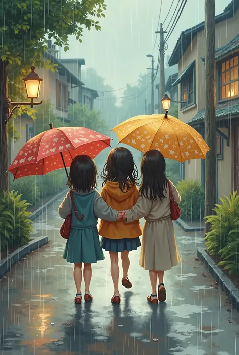 3 friends with umbrellas on a rainy day with studio Ghibli style