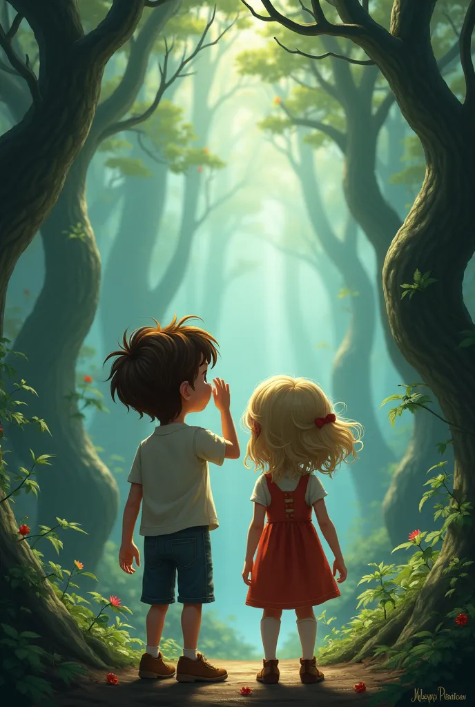 Draw a boy and a girl looking out at an enchanted forest that is a little scary