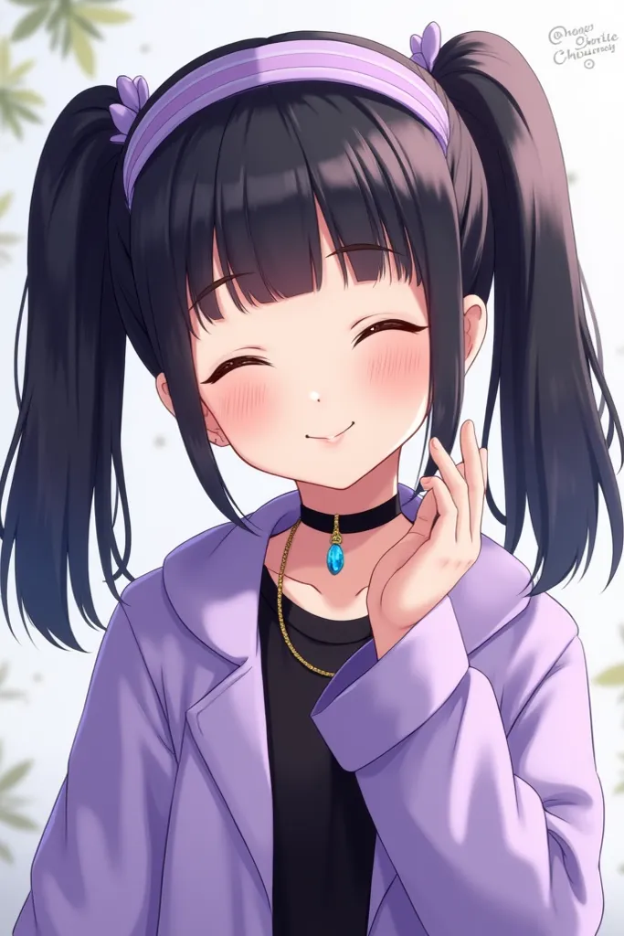 Draw a girl with two high black pigtails, a light purple headband, a black necklace, dressed in black and a light purple coat while smiling with her eyes closed 