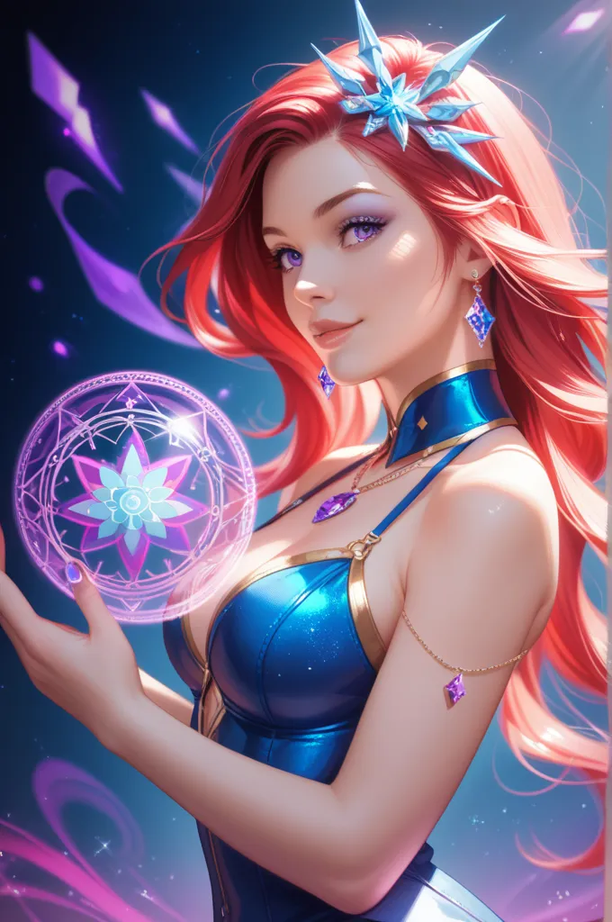 A pretty red-haired girl with a purple sphere over her head Cardano Ada enters and around an aura of many colors
