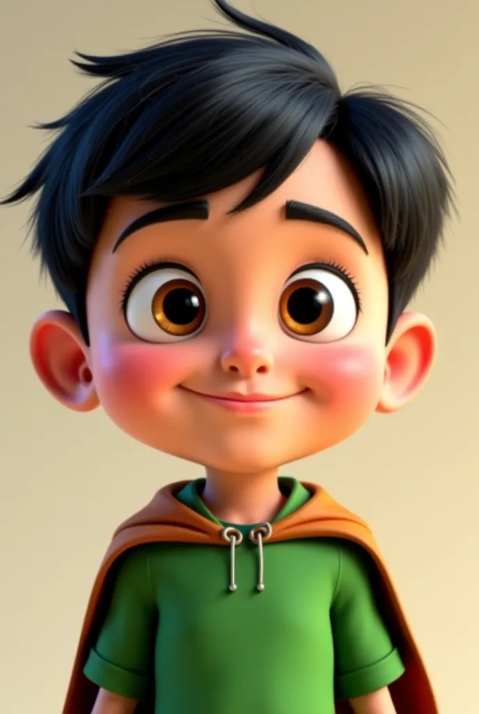 A cute, young boy designed in Pixar-style 3D animation. He has big, expressive hazel eyes that sparkle with curiosity and innocence. His dark, slightly messy hair adds to his playful charm. He wears a green shirt with a small cape draped over his shoulders...