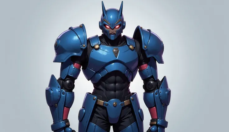 Full body robotic armor, armor designed with interconnected metal plates, predominantly in shades In blue and metallic gray, inspired by the color palette of the Mecha Sonic. The head is equipped with an iron mask that covers the nose and mouth, displaying...