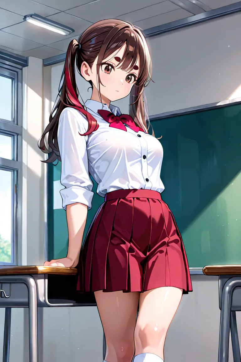 BEST QUALITY, ULTRA DETAILED, PERFECT ANATOMY, HIGH DEFINITION, INTRIGUING DETAILS, ALONE, 1 girl, slim, medium breasts, wine hair, long hair, long twintails hair, short eyebrows, dark brown eyes, school uniform, white shirt, black buttons, pleated skirt, ...