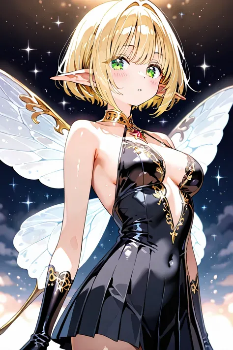 BEST QUALITY, ULTRA DETAILED, PERFECT ANATOMY, HIGH DEFINITION, INTRIGUING DETAILS, ALONE, 1 girl, slim, medium breasts, blonde hair, short hair, green eyes, star pupil, large fairy wings, transparent white wings, pointy ears. Short pleated dress, with ver...