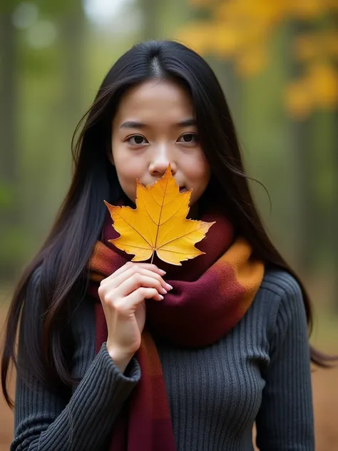 A young Indonesia woman with long, flowing black hair stands in a natural setting, holding a single, vibrant autumn leaf to her face. She wears a dark gray, ribbed, long-sleeved sweater and a multicolored scarf with rich hues of burgundy, orange, and gold,...