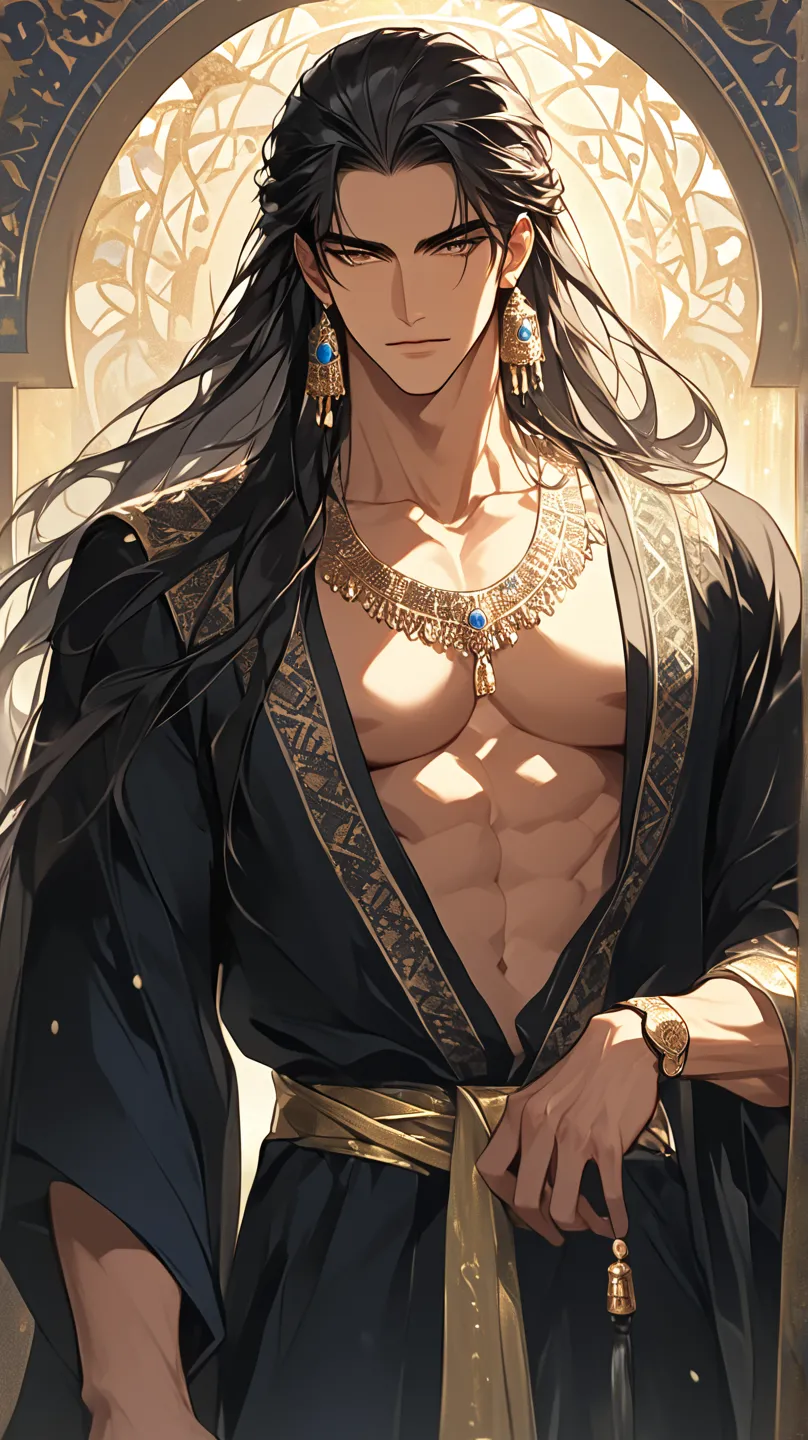 (score_9, score_8_above),   long hair, masterpiece, , 1 man , black hair ,   perfect face ,   ,    handsome man  , Alone, adult male ,  delicate lines Impostto design, masterpiece, high resolution, top quality, Unique , 1 macho , Legal  , tanned skin , bla...