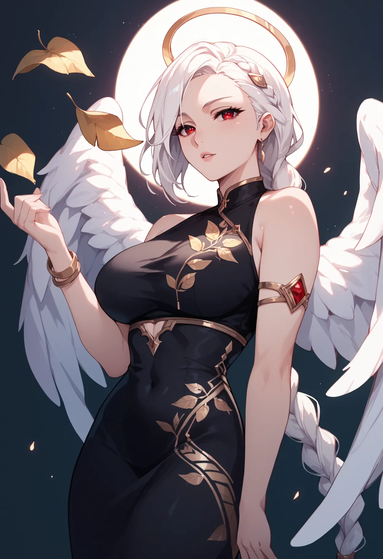  Woman,  white hair ,  braided ponytail, Black dress with gold leaf print Neckline ,  Red Eyes ,big boobs,Six big angel wings,