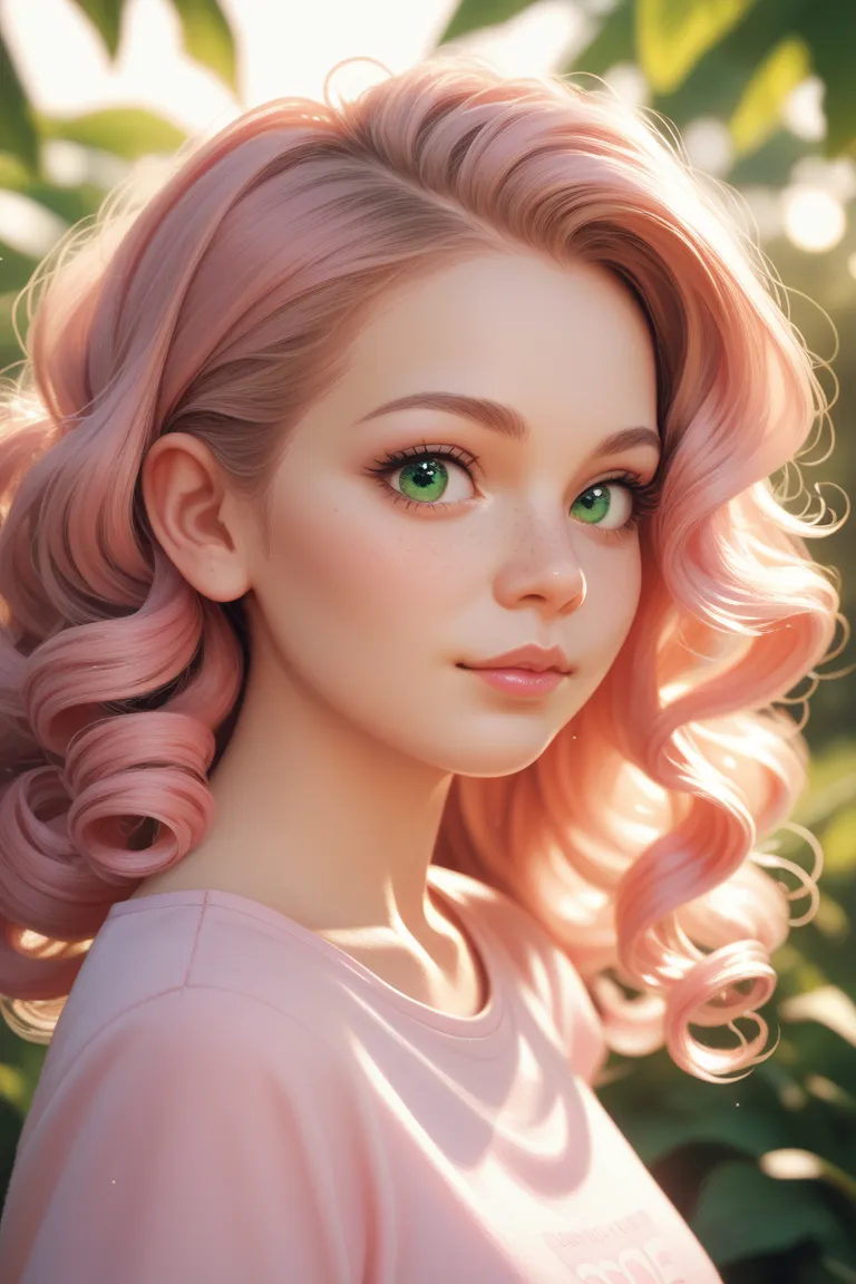 A portrait image of a age adult looking girl whit a round shaped face,green eyes and small round nose,long curly fluffy pink brownish hair,sun ksied skin and wearing a pink flowy vintage shirt on a sunset lighting on a realistic anime like style 