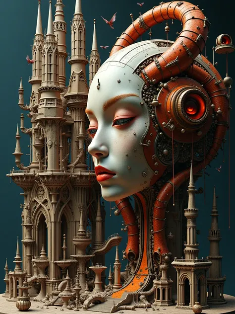 gothic beauties, inspired by Salvador Dali, } interact with bizarre mechanisms, steampunk entourage, distorted proportions, gothic arches, photorealistic, drawn in detail, high-quality, Surreal, gothic fantasy , gothic engine,  Gothic architecture , rich, ...