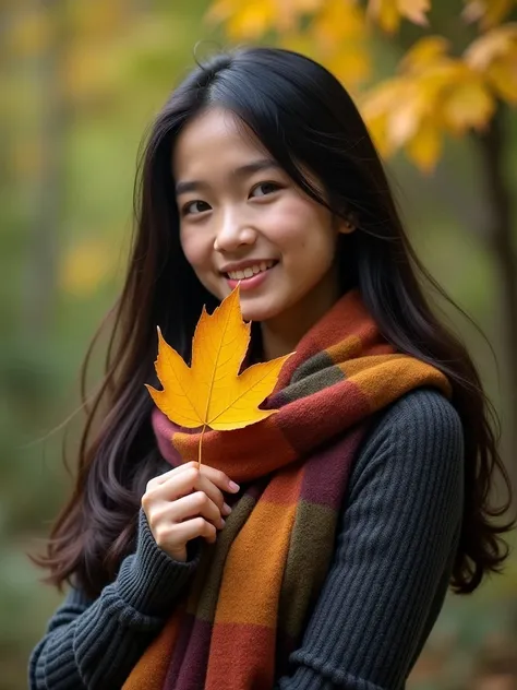 A young Indonesia woman with long, smiling ,flowing black hair stands in a natural setting, holding a single, vibrant autumn leaf to her face. She wears a dark gray, ribbed, long-sleeved sweater and a multicolored scarf with rich hues of mangenta orange, a...