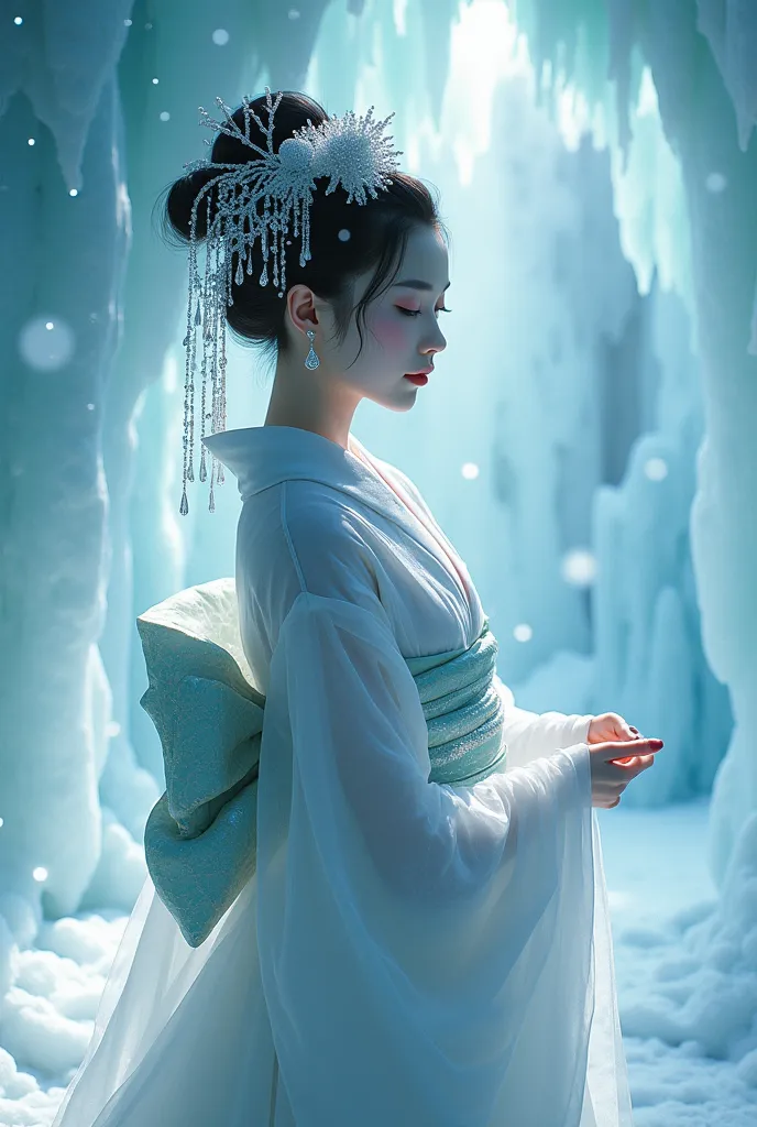 "A geisha with translucent skin, as if sculpted from living ice. Her kimono is made of sparkling crystals that reflect hypnotic fractal patterns. The environment around her seems like an ethereal ice cave, where light refracts and creates ice mandalas susp...