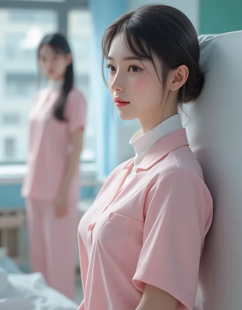 A highly detailed, ultra-high-resolution 32K rendered photo of one beautiful young Japanese women in a hospital room. One of them is wearing a pale pink female doctor's uniform. The image is captured with exceptional clarity, showcasing intricate textures,...