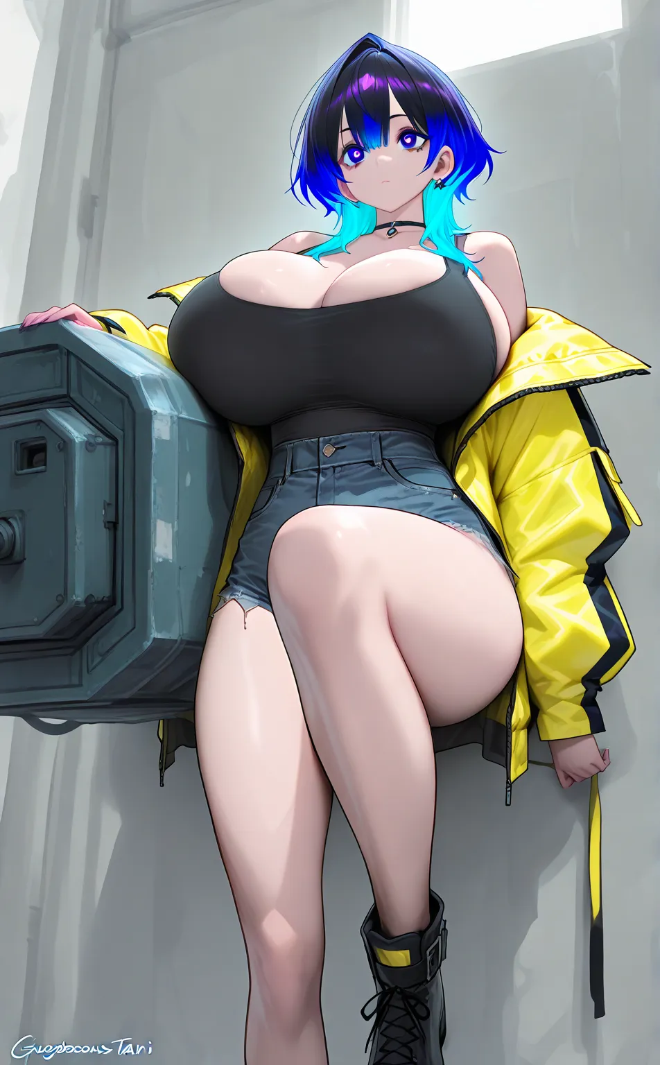 1 girl , solo, gorgeous woman,black semi tranparent tank top, denim shorts , bright violet eyes, multi colored hair from violet to sky blue , large baggie yellow jacket with dark blue lining , huge breasts , large thighs