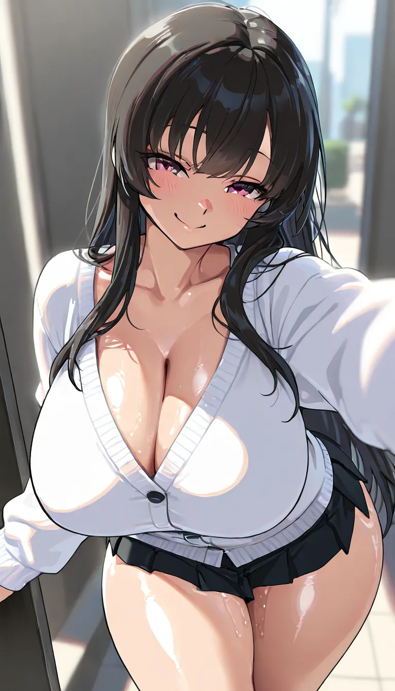 1 girl,  long hair, bangs, , white cardigan, black miniskirt,  Big Breasts、huge ass、 Very thick thighs 、Sexual smile、 Bitch、prostitution、masterpiece:2, Hi-Res、high quality、Hi-Res、8k, anime style、 Shiny Skin、 oily skin、