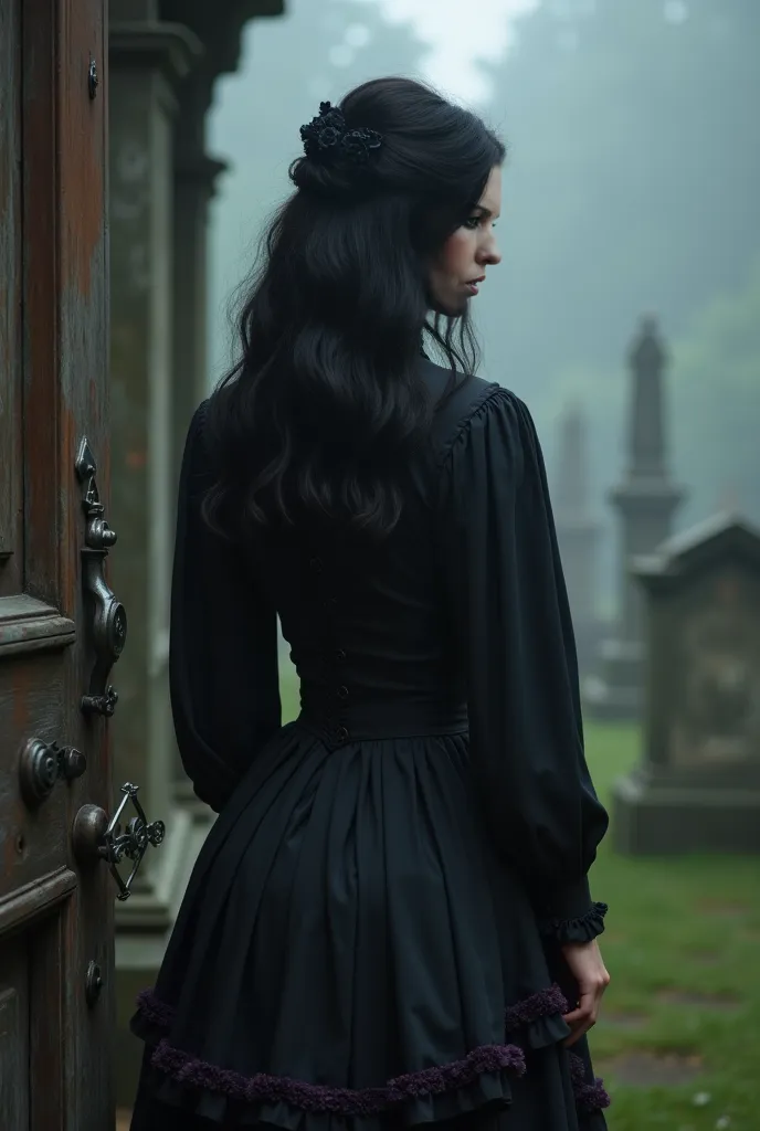  A woman, black hair, greetings and wavy,black dress with small dark purple details, ancient, of the period, black round skirt with black ruffles,Showing an old door key from the front, fundo da imagem um cemitério ancient, with headstones around, mist, Fe...