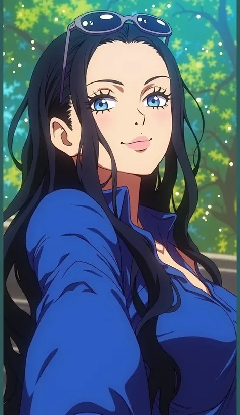 A beautiful anime-style woman with long, flowing black hair, wearing a deep blue button-up shirt. She has bright blue eyes, a confident and gentle smile, and sunglasses resting on her head. The perspective is taken with an ultrawide lens, slightly distorte...