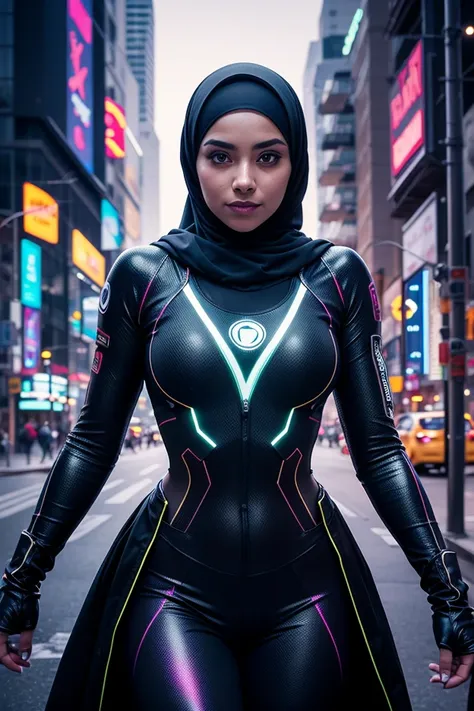 A futuristic, hyper-realistic album cover featuring a confident and stylish young woman wearing a modern, trendy outfit with a hijab. She is standing in a neon-lit cyber city, symbolizing the digital era and success through learning. The background is fill...