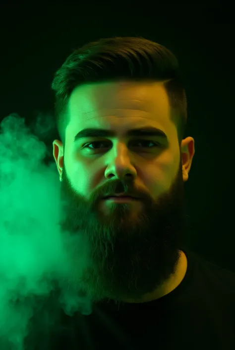 A highly detailed,realistic photograph of a 30–35-year-old man with short,dark brown hair and a well-groomed beard,standing in a studio with a solid dark background. The lighting is dramatic,with vibrant neon Green and yellowmuse illuminating his face and ...
