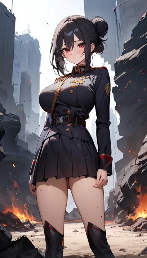 (masterpiece, Highest quality:1.2), (1girl), alone, ((medium hair)), ((black hair)), ((hairbun)), ((long bangs:1.2)), (big breast), high detail, natural light, (), ((red eyes)), (military uniform), black pleated skirt, standing, cinders, dirt