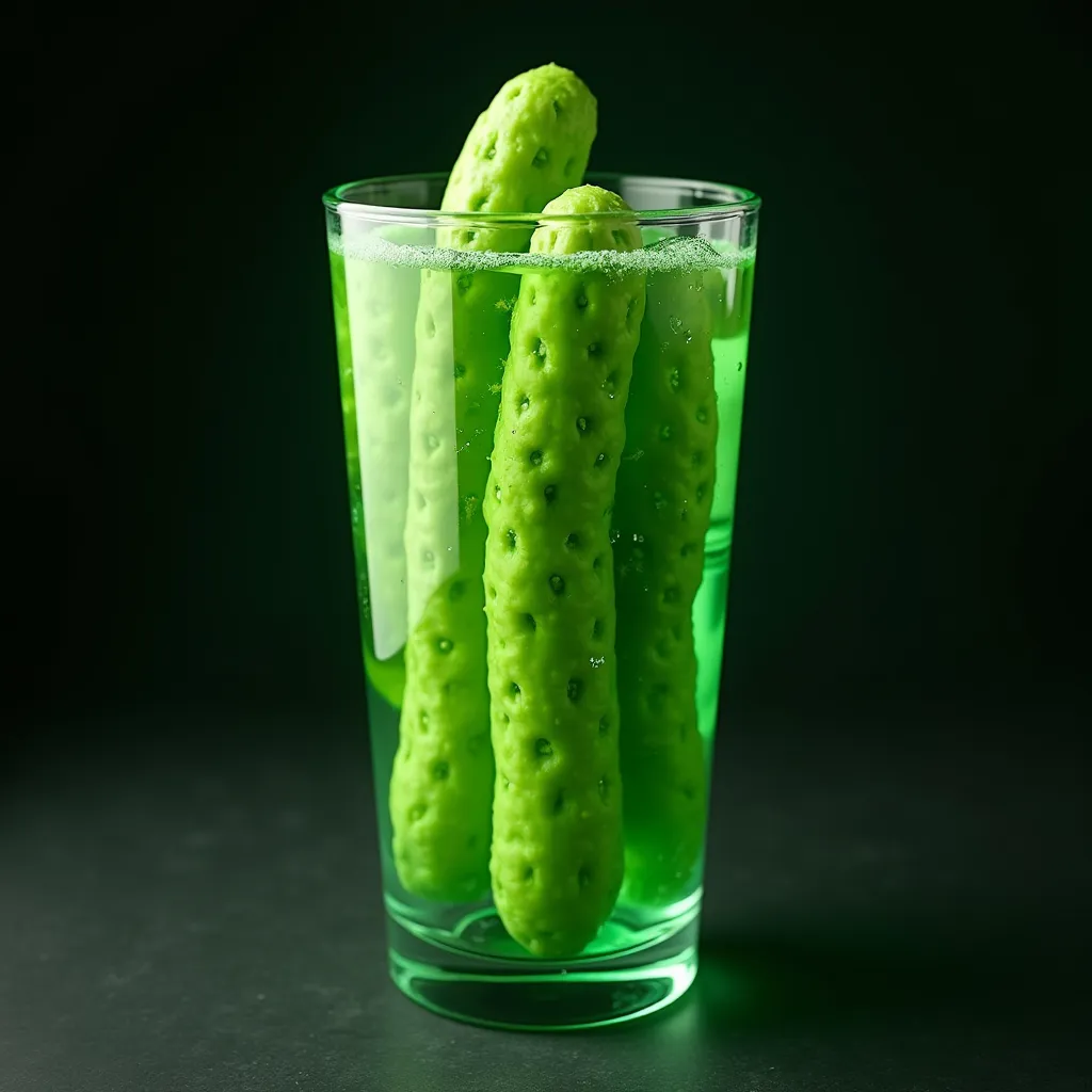 a glas with srew cap of full body neon green pickles, frontal view, focus on pickles, photorealistic