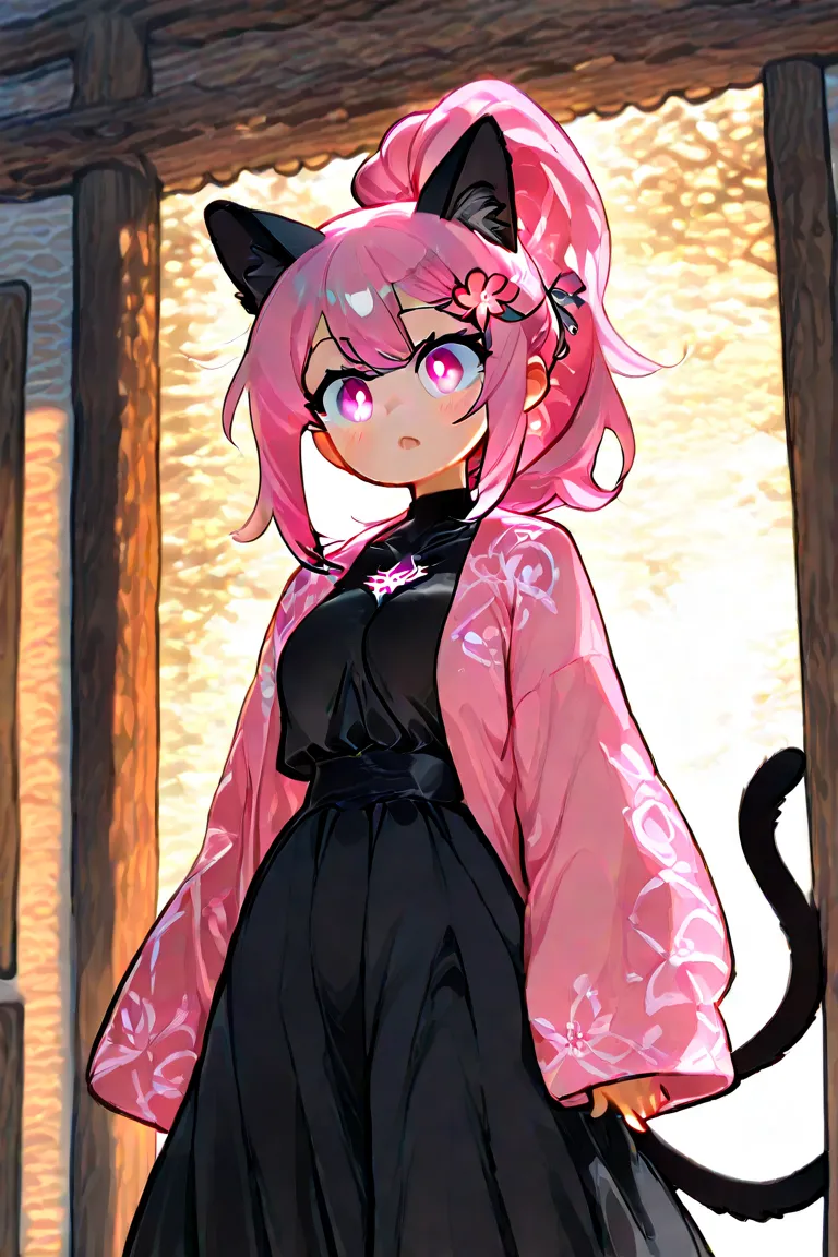 Female, long white and pink hair tied in a ponytail, pink eyes, and a white flower hairclip in her hair wearing a deep pink coat over a black shirt and a black skirt. Cat ears and tail.