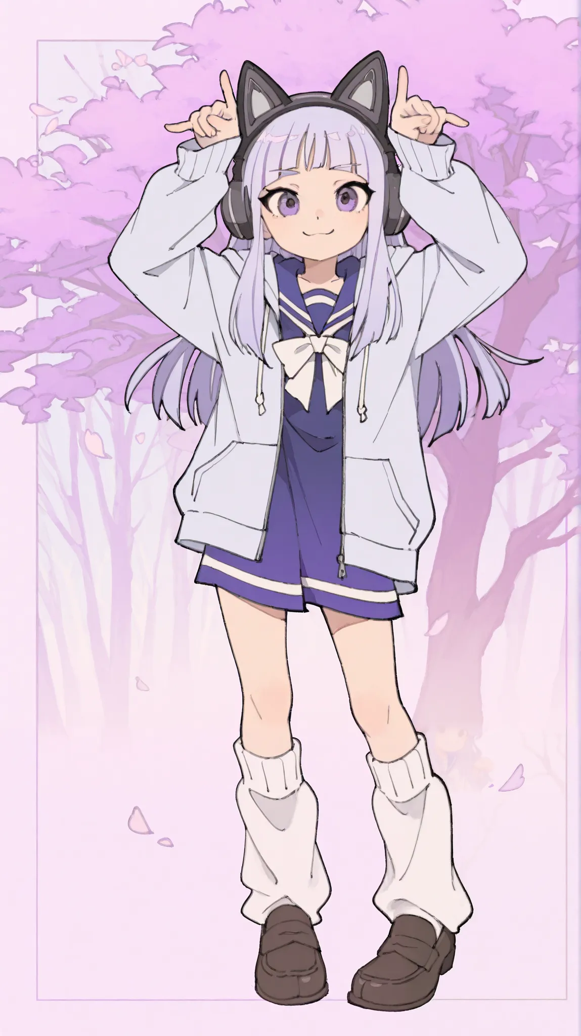 1 girl、Character portrait、full body、 light purple hair、long hair、my bangs are straight、cut、purple tree-eye、long sleeve sailor suit、hoodie with open front、white loose socks、loafers、cat ear headphones、smile、Cat-like pose