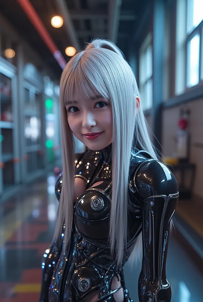 Android girl, Highest quality, masterpiece, ultra-high resolution, photo realistic, raw photo, 1 cyberpunk girl, glossy skin, 1 mechanical girl, super realistic details, (mechanical limbs, tubes connected to mechanical parts, mechanical vertebrae attached ...