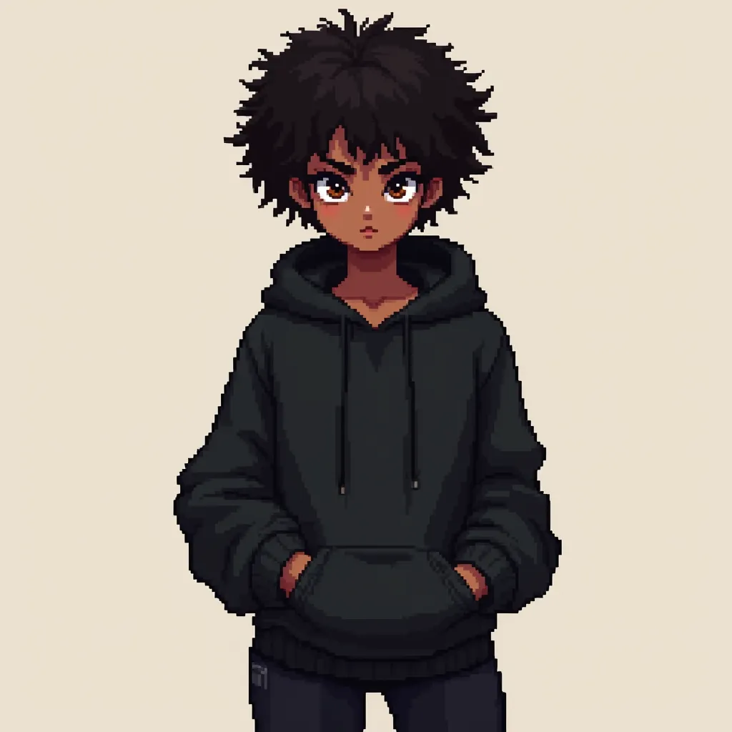 A pixel art style the character has dark brown skin and short, curly short black hair. black hoodie with the hood up. She has expressive brown eyes that convey a sense of determination or focus. She wears fitted black jeans, complementing her casual yet st...