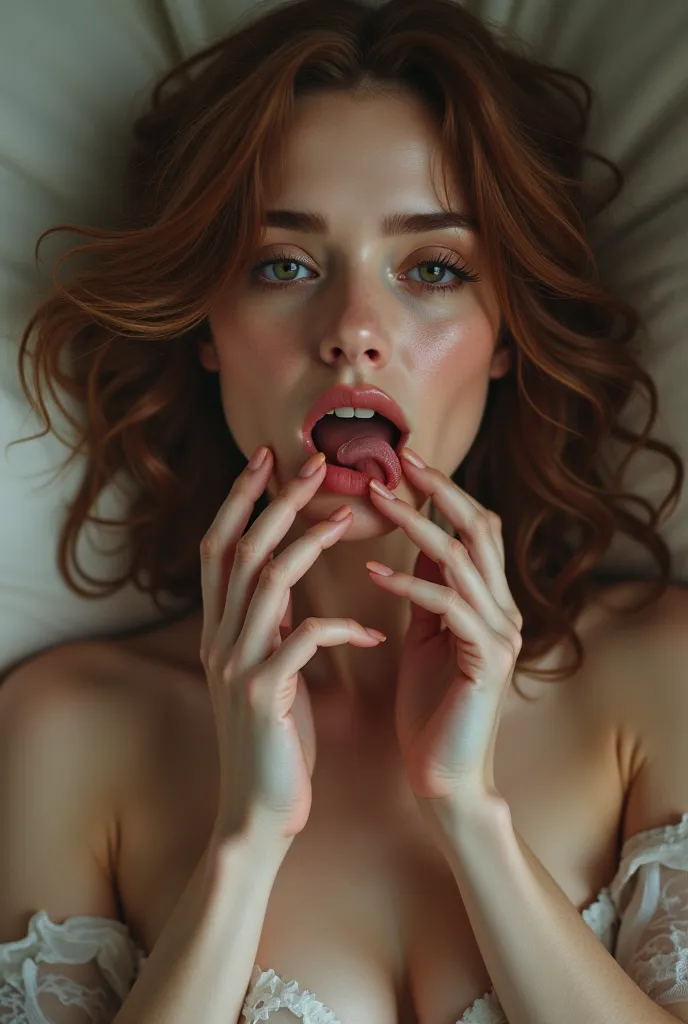 Nude Hermione spreads her mouth with her fingers, to show off her throat. You can see the language and uvula