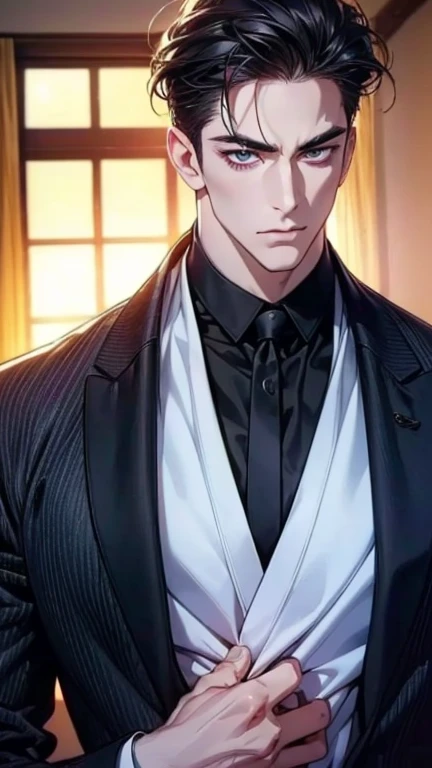 (boobs,4K,8k, highres,masterpiece:1.2),breasts,(Realistic,photoRealistic,photo-Realistic:1.37),36-year-old man,3 day beard,Cute anime ,Portraits,strong,masculine, dark hair,sharp jaw,  mesmerizing eyes  , perfectly groomed hair , cool anime outfit,confiden...