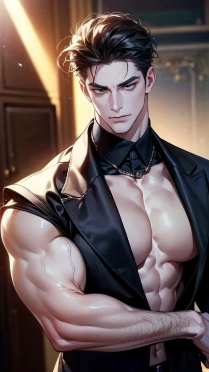 (boobs,4K,8k, highres,masterpiece:1.2),breasts,(Realistic,photoRealistic,photo-Realistic:1.37),36-year-old man,3 day beard,Cute anime ,Portraits,strong,masculine, dark hair,sharp jaw,  mesmerizing eyes  , perfectly groomed hair , cool anime outfit,confiden...