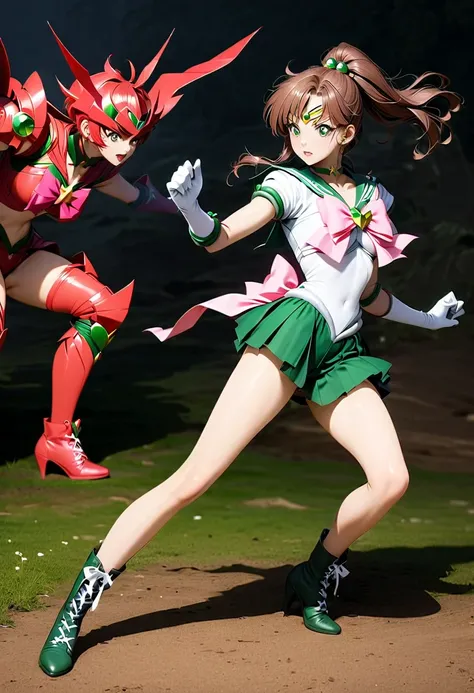 the superheroine has been caught by the devil、one girl is fighting the devil, the devil thunder thunder on the superheroine、sailor Jupiter, Bishoujo Senshi Sailor Moon, Enemies are attacking、 Elegant Fine Eyes ,  detailed facial features , long eyelashes, ...