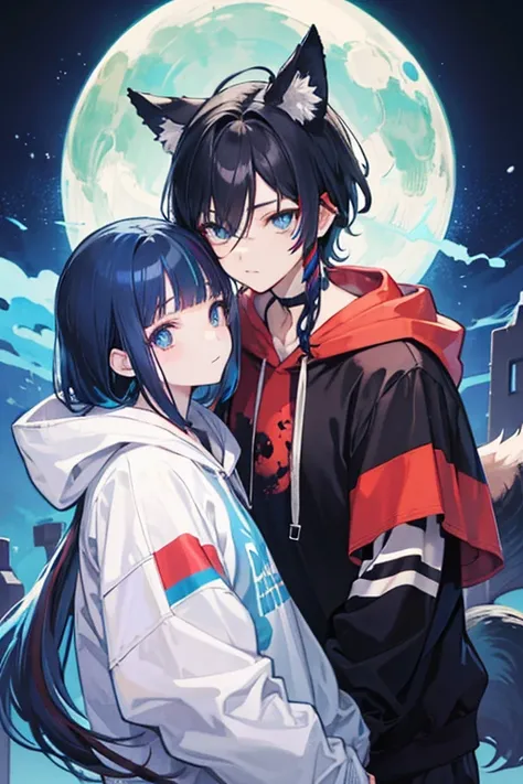 Werewolf boy, black hair with blue streak down his middle bangs, black werewolf ears and tail with mid blue tips matching his blue streak, silver eyes, tan skin, blue hoodie. anime style