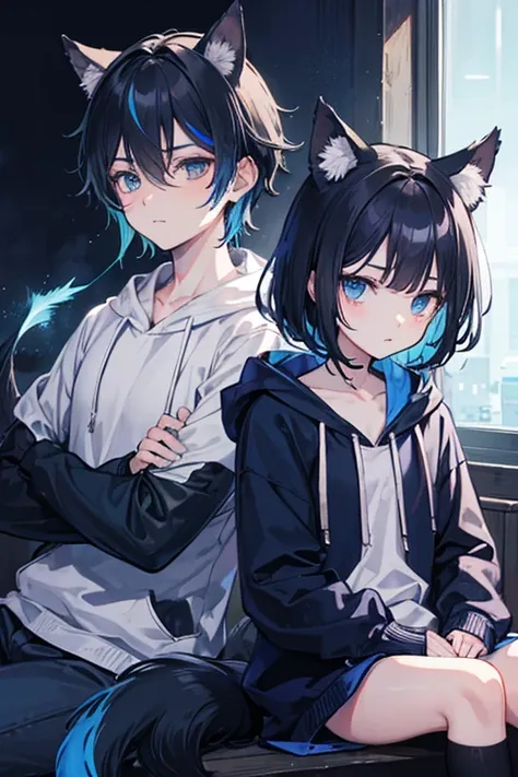 Werewolf boy, black hair with blue streak down his middle bangs, black werewolf ears and tail with mid blue tips matching his blue streak, silver eyes, tan skin, blue hoodie. anime style