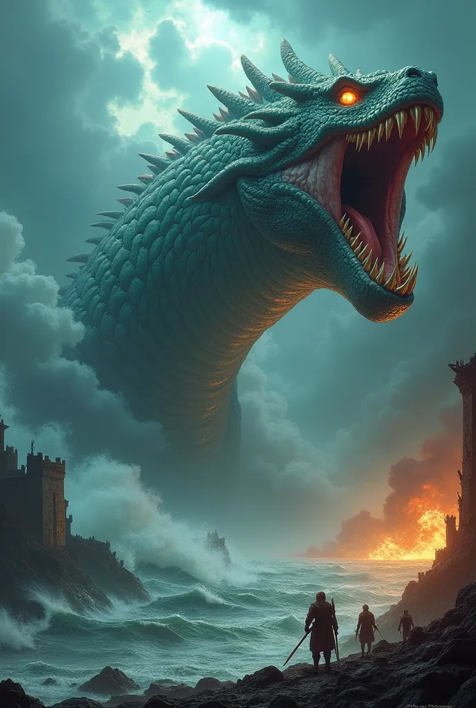 A colossal sea serpent rises from the churning ocean depths, its massive form blending elements of dragon and leviathan. Its scales shimmer with an otherworldly iridescence—each one intricately detailed with patterns that seem to shift between stone, water...